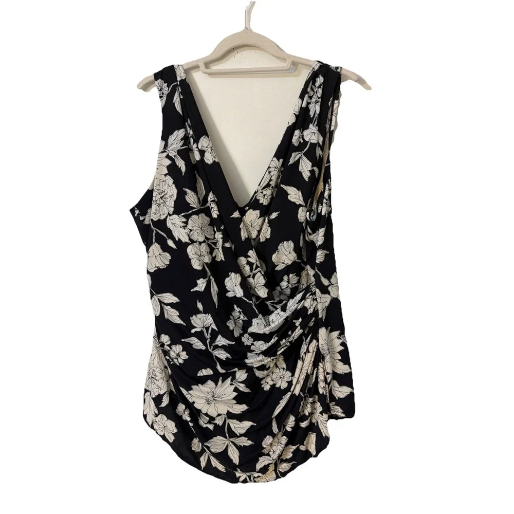 Lands' End Floral Faux Wrap Swimsuit  Dress‎ Plus Sz 24W Black White One Piece